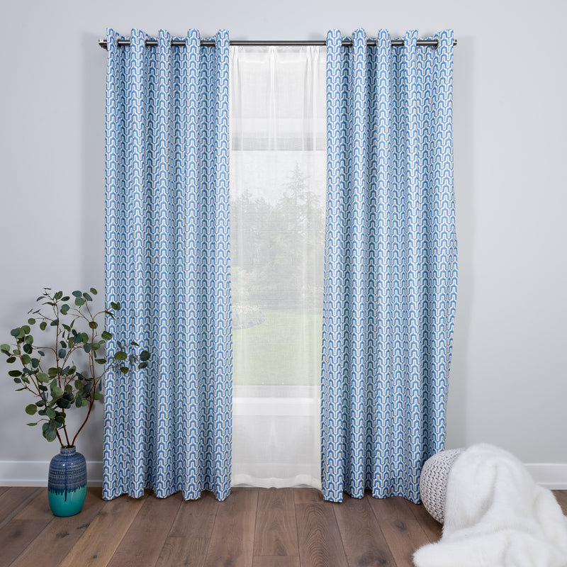 Blue and white geometric curtains
