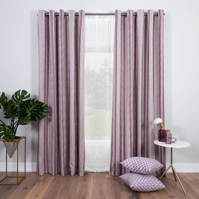 purple and grey striped curtains