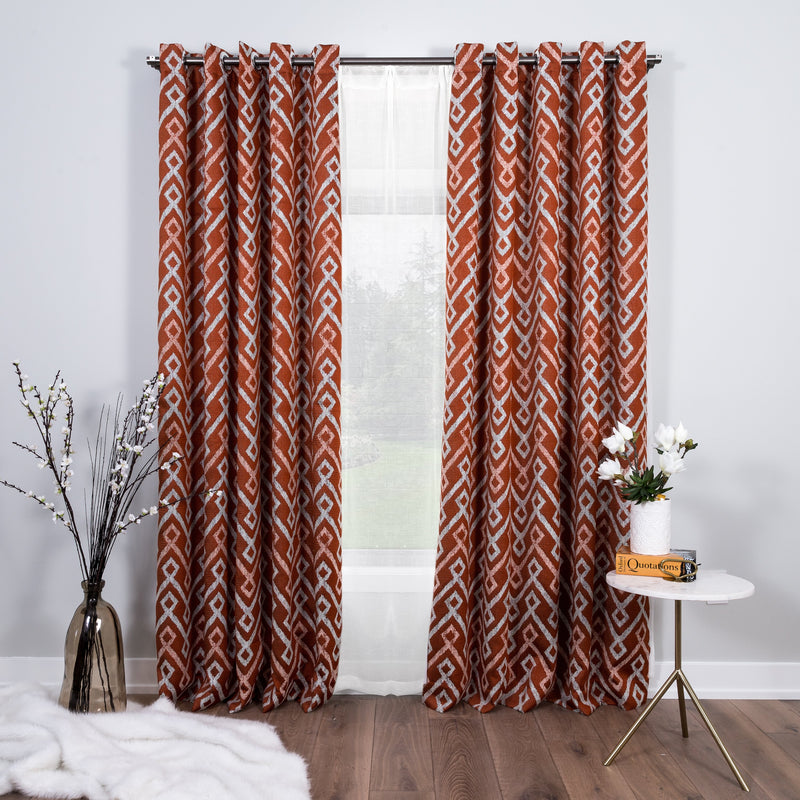 red and white geometric curtains