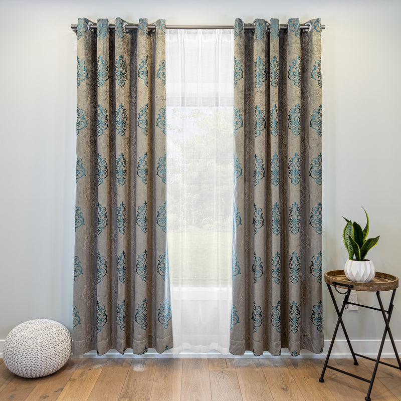 dark grey and blue curtains