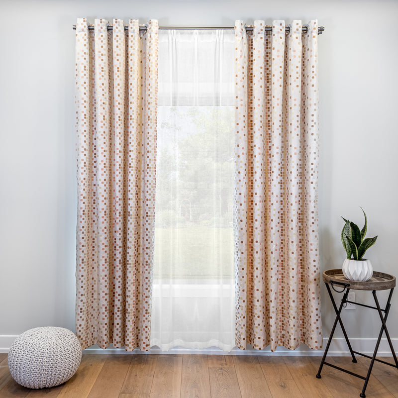 white and pink geometric curtains