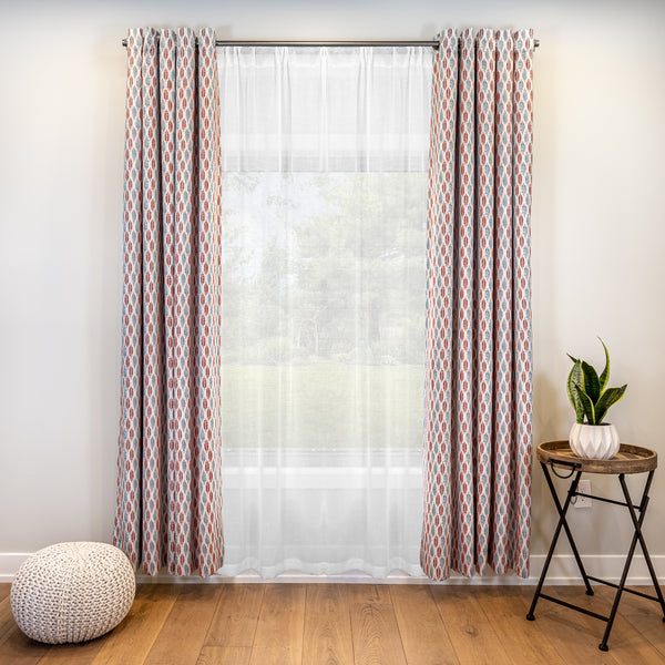 red blue and white geometric curtains